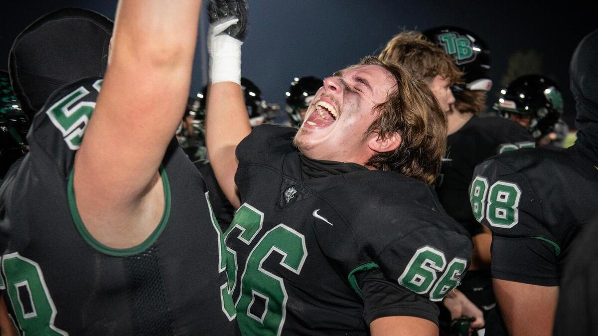 Twelve Bridges Raging Rhinos’ Raiden Podulka (66) reacts to the teams’ win against the against the Wilcox Chargers in the CIF Northern California Division 2-A championship game on Saturday, Dec. 7, 2024, in Lincoln.