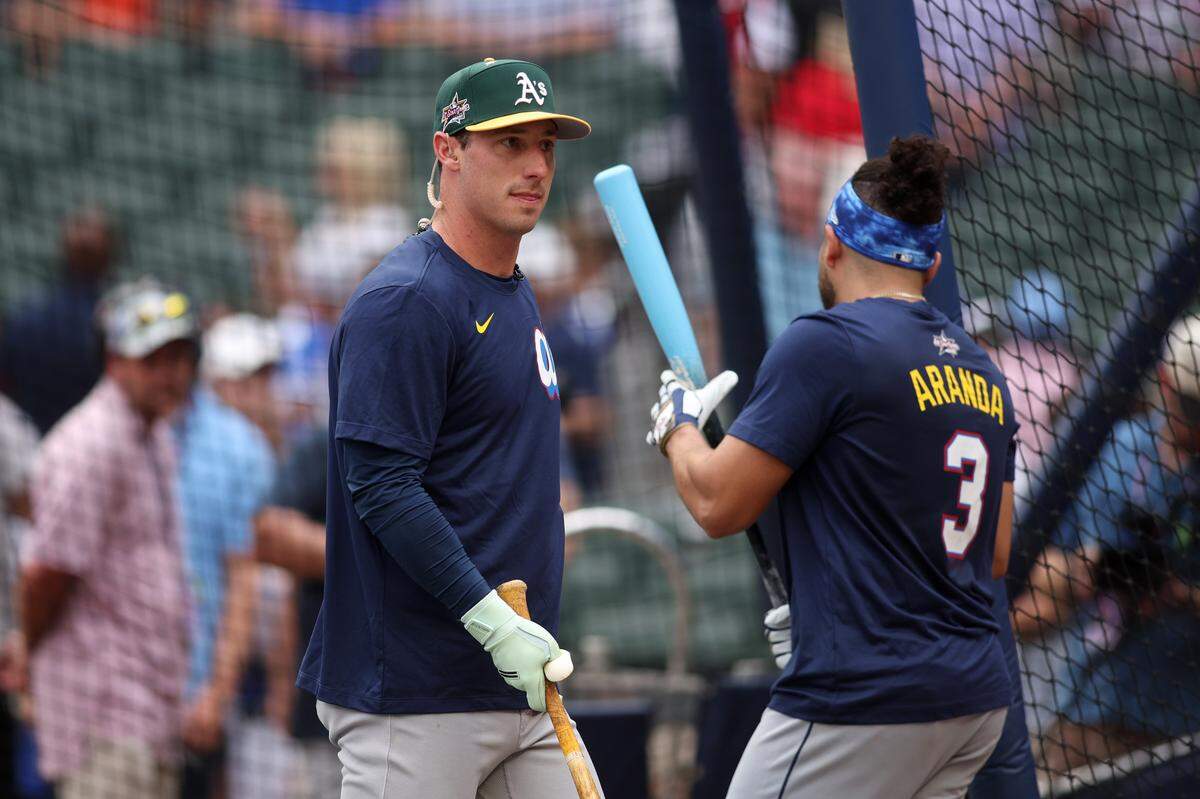 Jul 15, 2025; Cumberland, Georgia, USA; National League designated hitter Brent Rooker (25) of the Athletics before the 2025 MLB All Star Game at Truist Park. Mandatory Credit: Brett Davis-Imagn Images