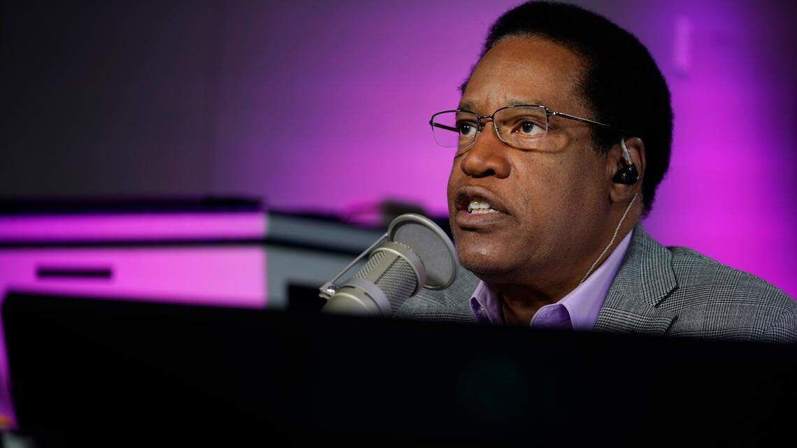 Radio talk show host Larry Elder speaks during his show, Monday, July 12, 2021, in Burbank, Calif. Elder is one of the leading recall candidates for California governor.