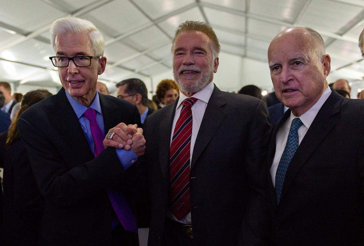 Former California governors Gray Davis, Arnold Schwarzenegger and Jerry Brown pose for photograph after Gov. Gavin Newsom was sworn-in as California’s 40th governor during the inauguration at the state Capitol in 2019.