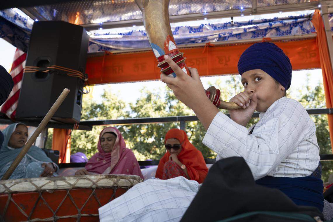 Instruments, including horns and drums, are played during Nagar Kirtan, also known as the Sikh Parade, in Sutter County on Sunday, Nov. 2, 2025.