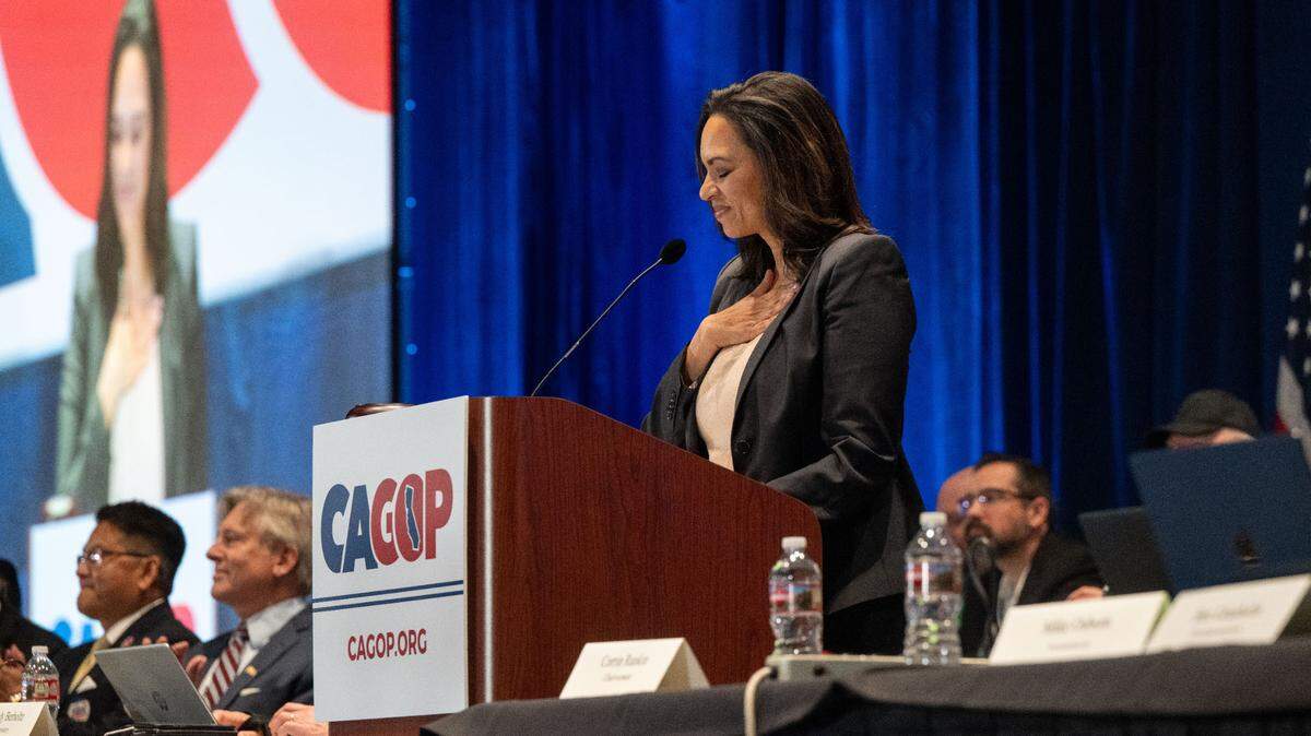Corrin Rankin puts her hand on her heart as she speaks at the Spring organizing convention in Sacramento after being voted the new California Republican Party chairwoman Sunday, March 16, 2025.