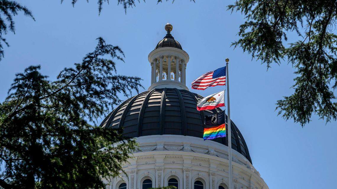 The rainbow flag flies on the main flagpole of the California state Capitol to celebrate LGBTQ Pride month on Monday, June 17, 2019. It was the first time the flag, which was raised earlier in the day, has flown on the main pole in state history.