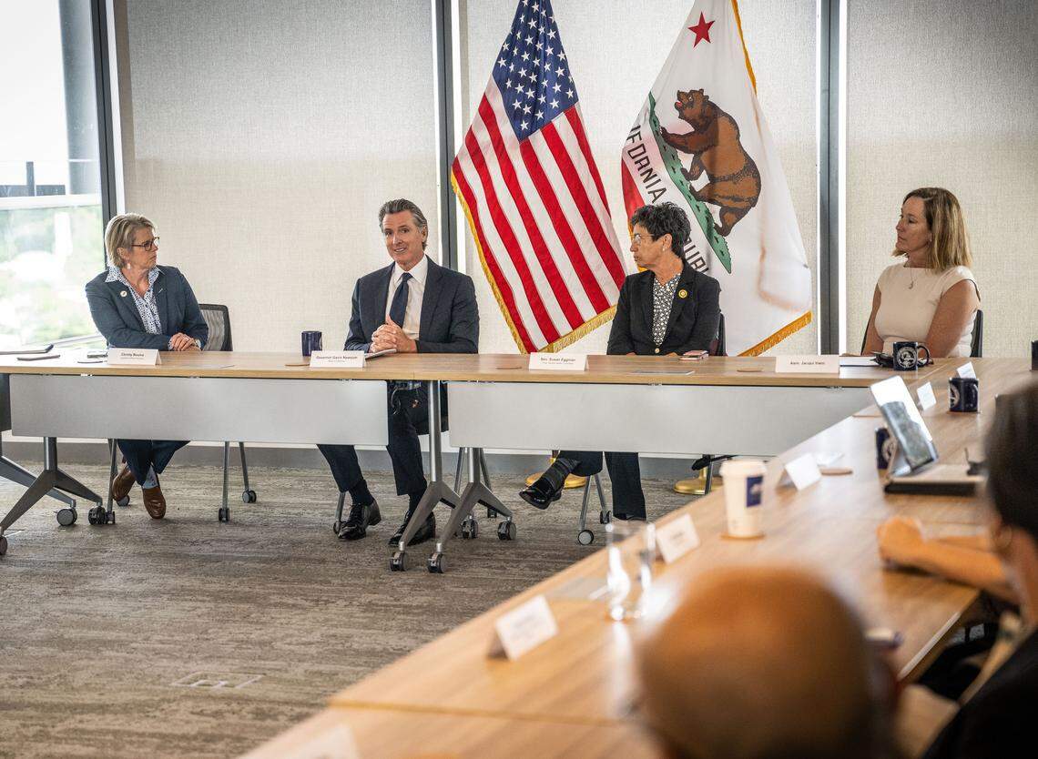 California Gov. Gavin Newsom meets Wednesday with a coalition of behavioral health reform leaders and local elected officials at his swing space office near the state Capitol.