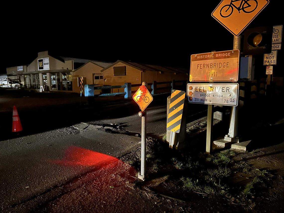 Cracks are seen on the Ferndale Bridge across the Eel River in Ferndale, Calif., following a magnitude 6.4 earthquake off the coast of Humboldt County. The bridge was open to one-way traffic controls as crews inspected damage.