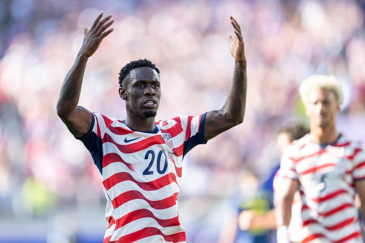 United States of America forward Folarin Balogun (20) celebrates after scoring a goal against Bosnia-Herzegovina in a FIFA World Cup 2026 Round of 32 match at Levi's Stadium in Santa Clara on Wednesday, July 1, 2026.