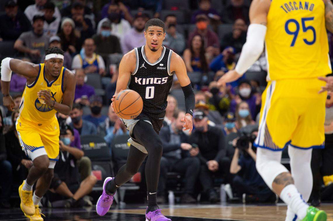 Sacramento Kings guard Tyrese Haliburton (0) drives to the basket after a rebound against the Golden State Warriors on Sunday, Oct. 24, 2021 during an NBA basketball game at Golden 1 Center in Sacramento.