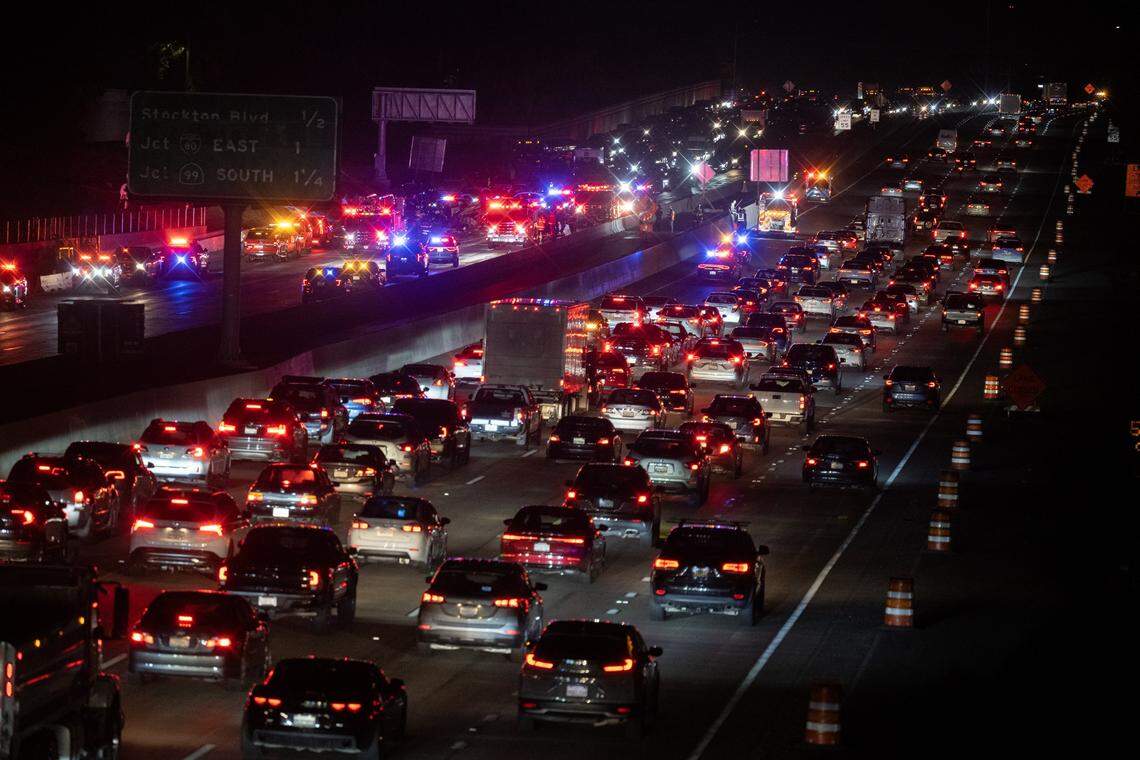Traffic was backed up after a medevac helicopter with three people crashed on eastbound Highway 50 near 44th Street on Monday, Oct. 6, 2025, in Sacramento.