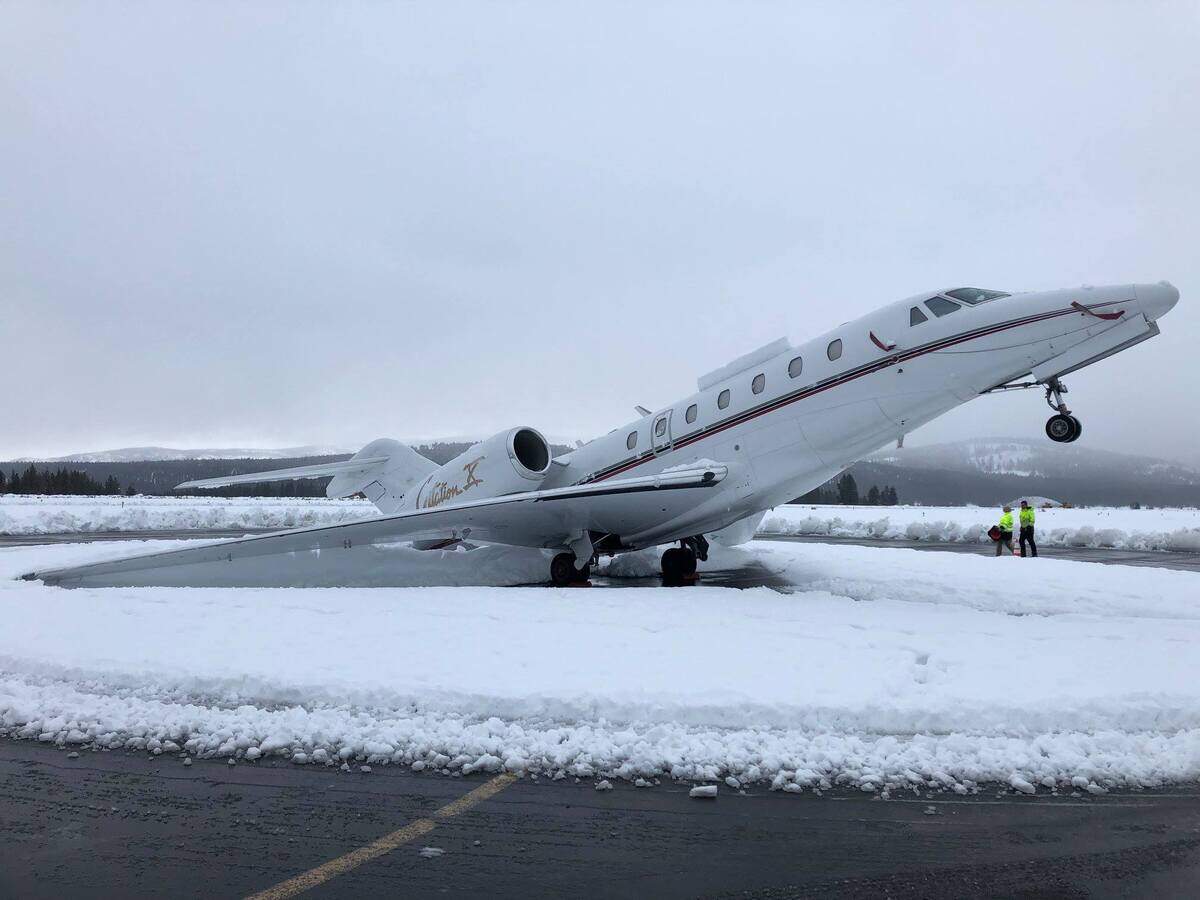 According to Storyful, Truckee Tahoe Airport spokesperson Marc Lamb said that 16 inches of snowfall overnight had added weight to the already heavy rear of the plane where the aircraft engine sits. The National Weather Service in Reno retweeted a photo of the Cessna Citation X jet, saying that about 20 inches of “Sierra Cement” had fallen.