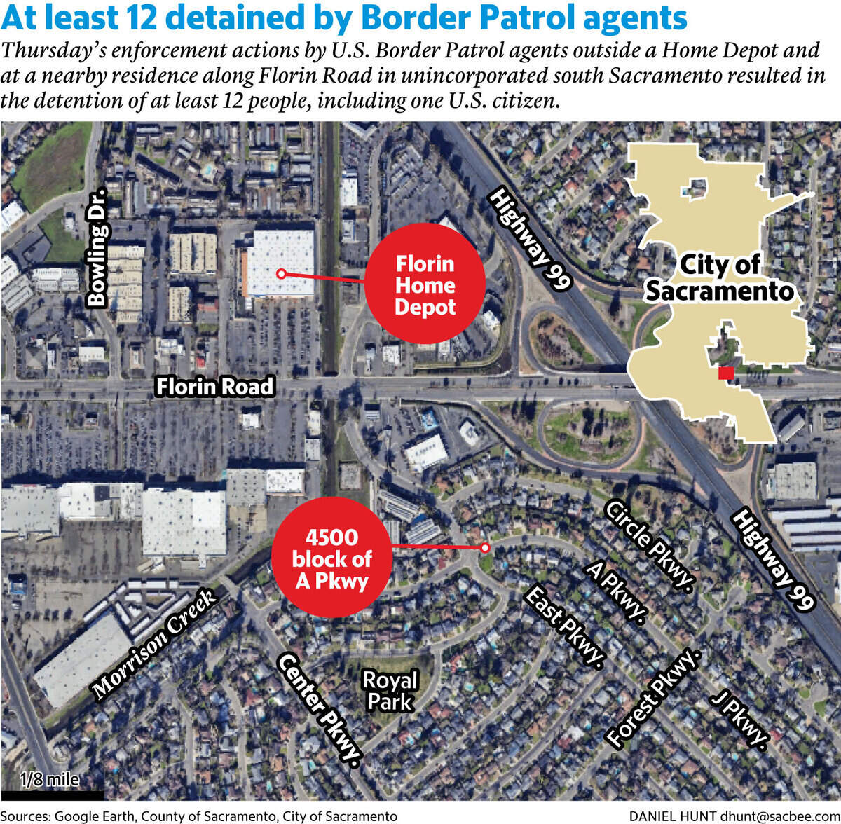 A map of the area around Florin Road where a CBP enforcement action took place on Thursday, July 17, 2025.