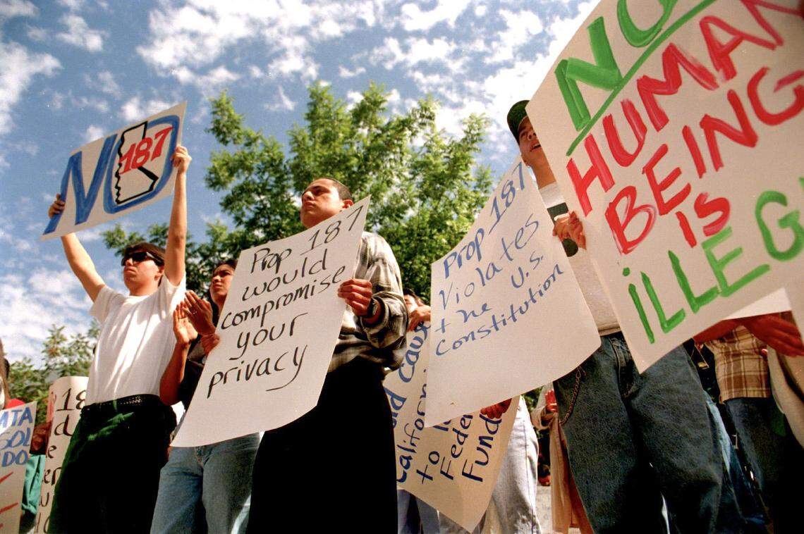 About two hundred students gather at the free speech area at Fresno State in October 1994 to protest Proposition 187, which would deny illegal immigrants public education, social services and non-emergency health care. The rally concluded a two-day campout at the university by Chicano students from several organizations against Prop. 187.