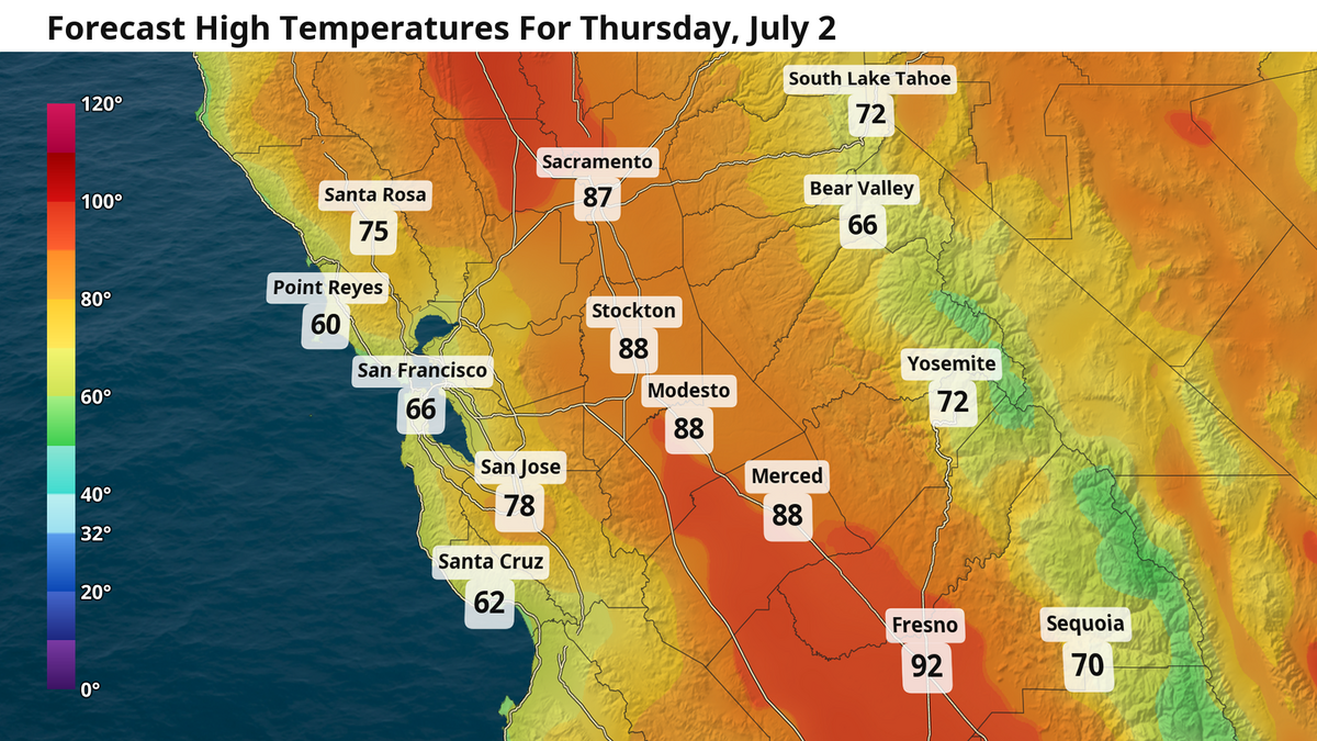 Forecast high temperatures for Thursday, July 2
