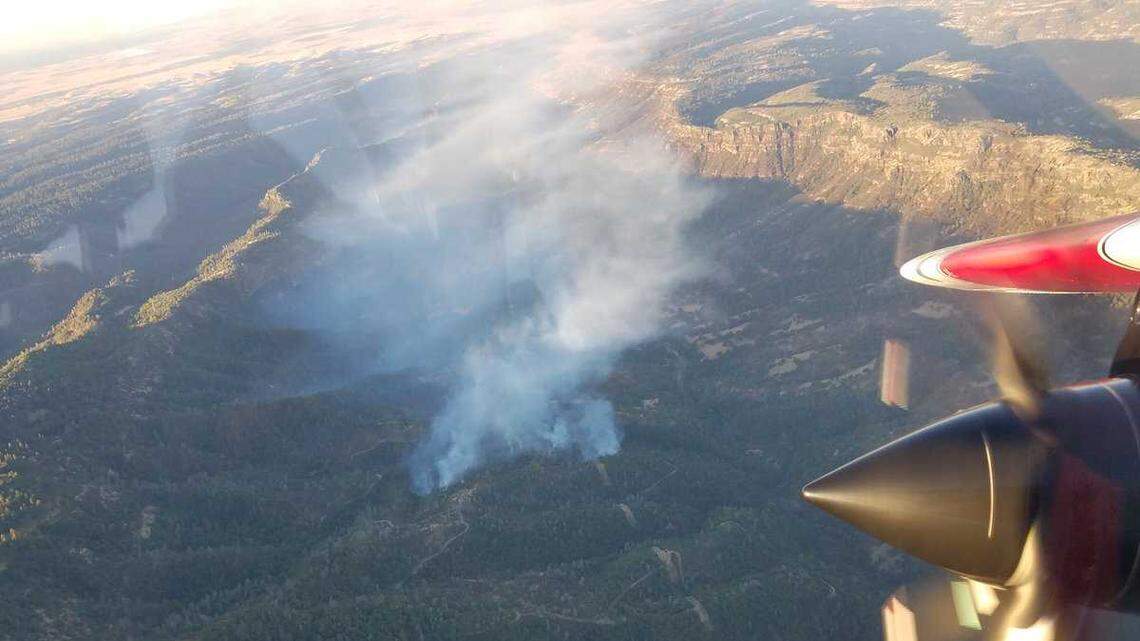 Cal Fire’s Butte Unit flies over the Nimshew Fire in upper Butte Creek Canyon. 