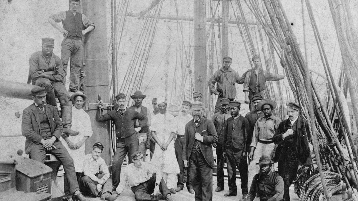 Officers, apprentices, and crew of the sailing ship Rathdown photographed in San Francisco after a six-month voyage in 1892.