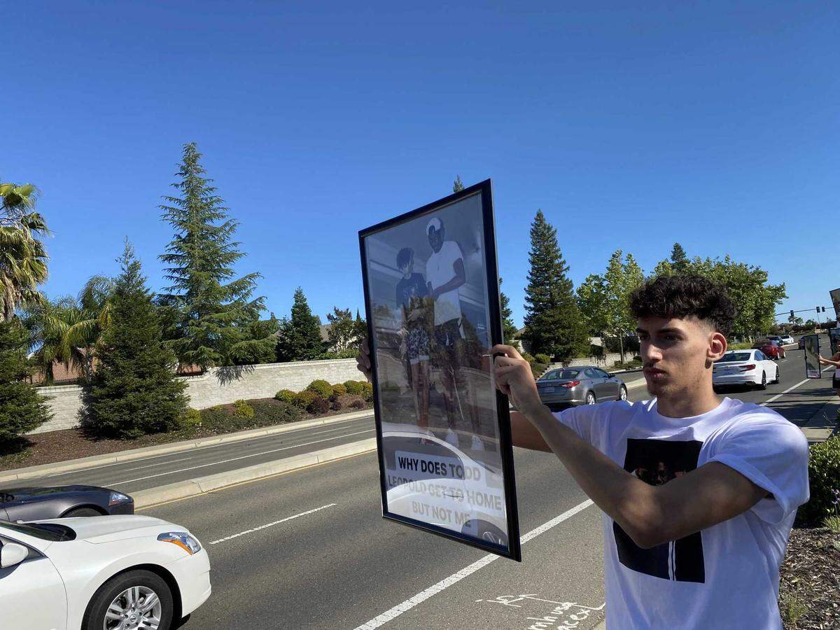 Aiden Acosta participates in a protest on May 13, 2022, not far from where a vehicle driven by Placer County CEO Todd Leopold fatally struck his friend, Anthony Williams, on March 19, 2022, on Lonetree Boulevard in Rocklin, California.