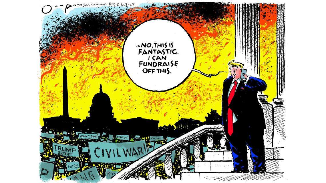 Trump turns his indictment into a fundraising opportunity, as depicted by Jack Ohman | Opinion