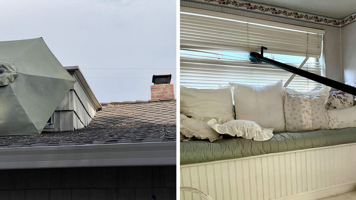 Winds gusts in Citrus Heights sent an umbrella from the backyard of Candy O’Neil into a second-story dormer window at her home on Tuesday.