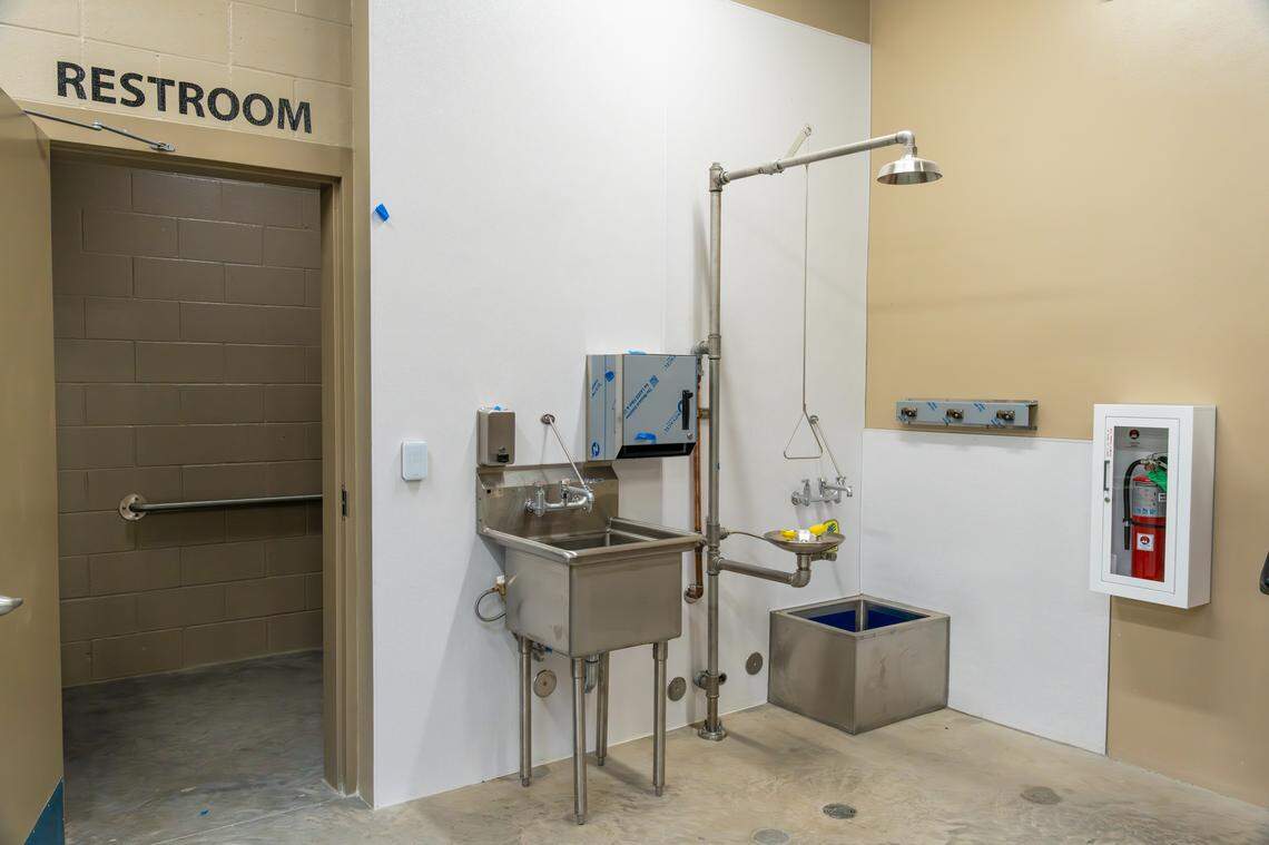 An emergency eye wash station stands outside the South Placer Jail’s new vocational training facility.