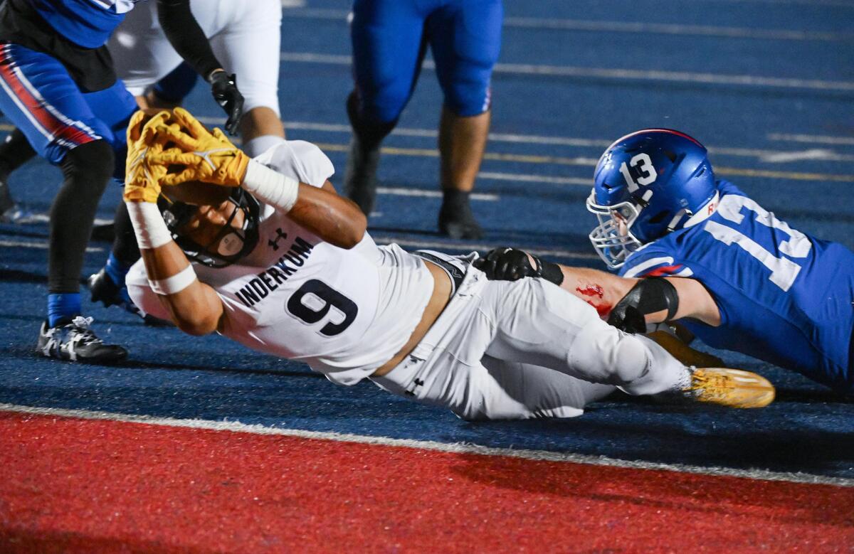 Inderkum Tigers running back Bryson Claxton (9) dives in the end zone with Folsom Bulldogs middle linebacker Mason Kelly (13) attempting to stop him in the first half of a CIF Sac-Joaquin Division I semifinal game on Friday.
