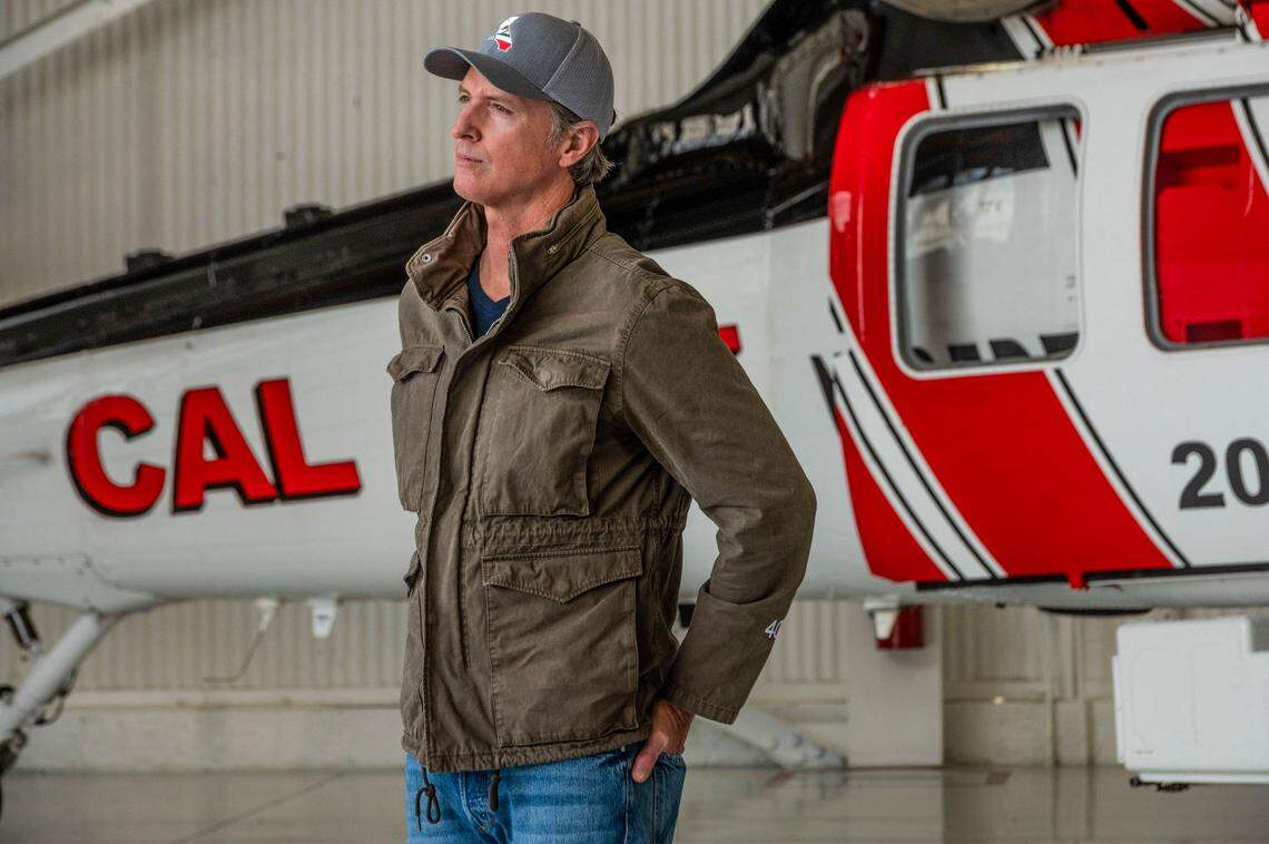 California Gov. Gavin Newsom highlighted new firefighting equipment and his proposed $2 billion investment in wildfire and emergency preparedness at a press conference in McClellan Park in Sacramento County in May 2021.