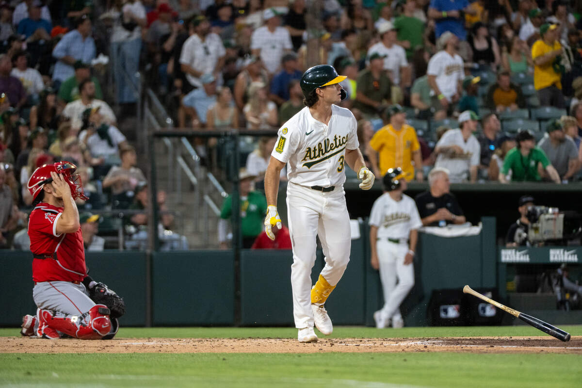 Athletics outfielder Colby Thomas watches his three-run home run in the third inning against Los Angeles Angels pitcher Yusei Kikuchi during a game at Sutter Health Park on Friday in West Sacramento.