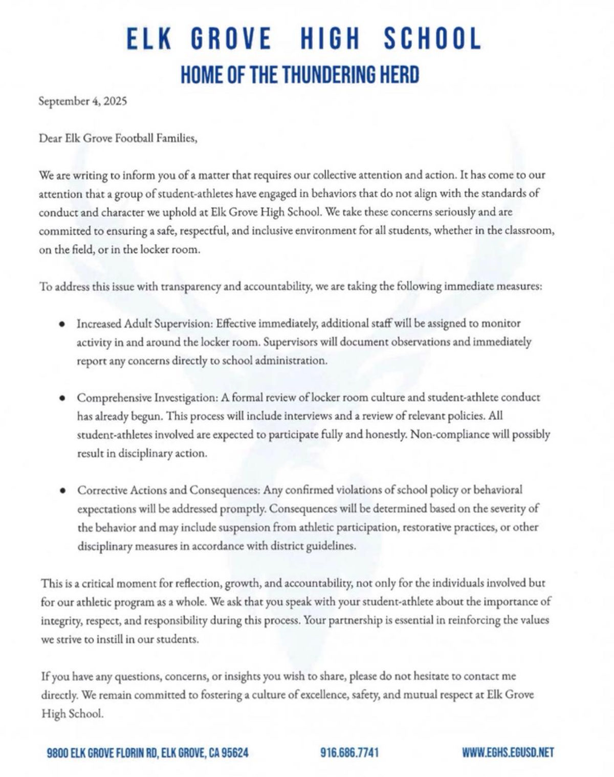 Elk Grove High School principal Rudy Ortega sent out a letter to parents September 4, 2025 about the school’s response to a recent incident in the locker rooms.