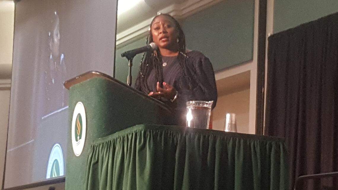 Black Lives Matter co-founder Alicia Garza delivers a speech at Sacramento State on Tuesday, Sept. 18, 2018, after a day of protests in downtown Sacramento.