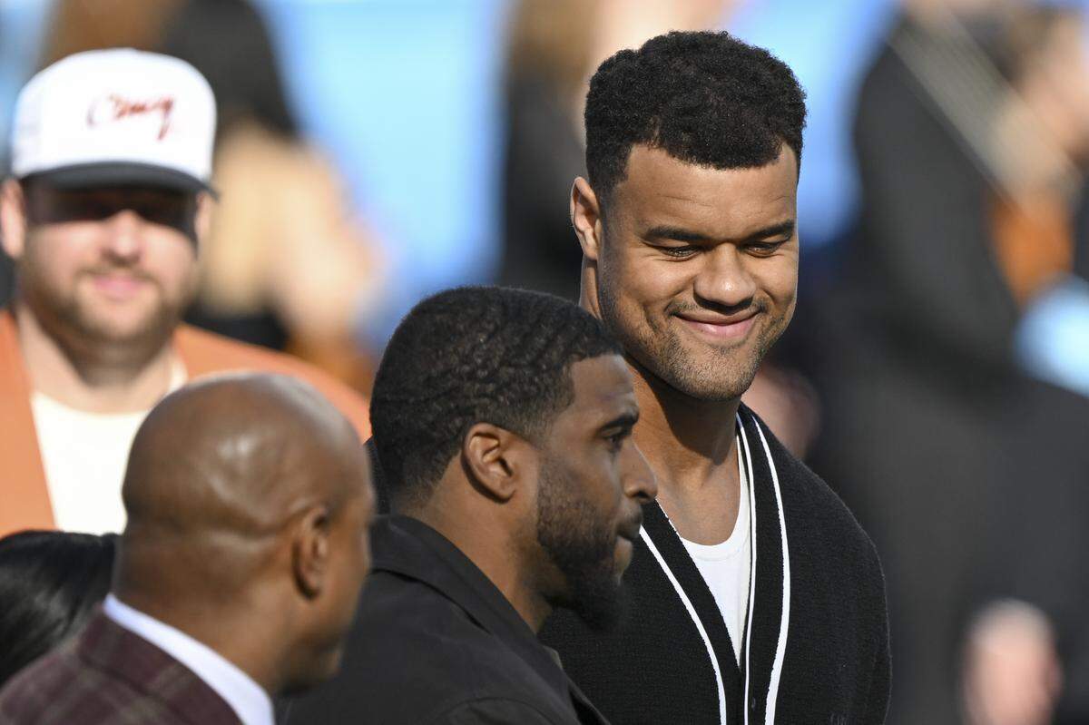 Jacksonville Jaguars’ Arik Armstead, winner of the 2024 Walter Payton NFL Man of the Year, stands on the field before the start of Super Bowl LX at Levi’s Stadium in Santa Clara on Sunday, Feb. 8, 2026.
