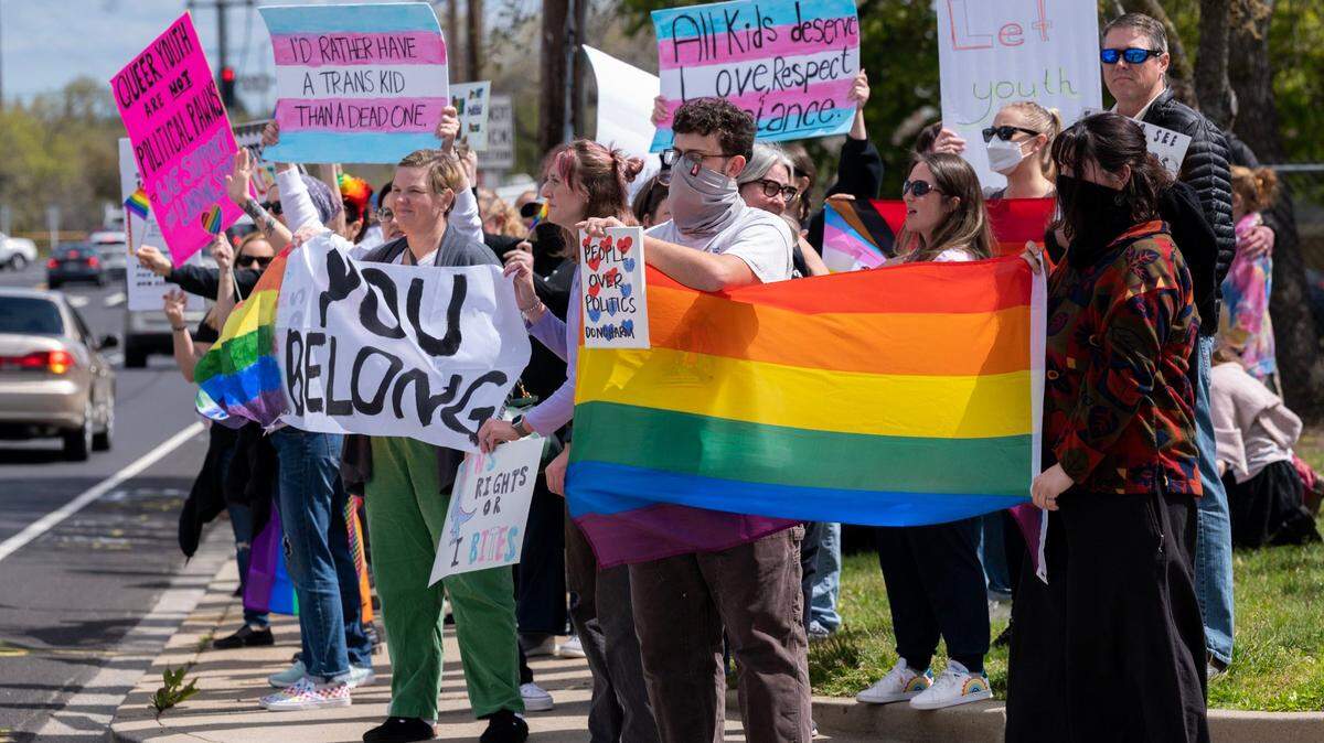 Students and family members demonstrate during a March school walkout and rally in Roseville to protest the Roseville Joint Union High School District’s decision to cut ties with a local LGBTQ group. About 100 people attended the rally outside of the district offices.