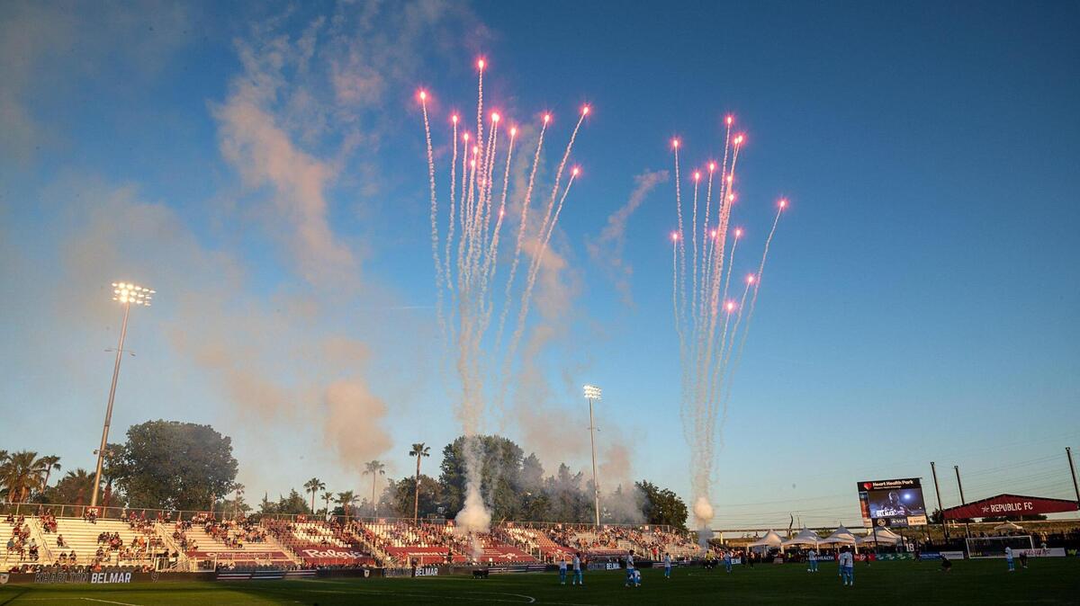 Fireworks light the sky during the team introduction Sacramento Republic FC during a game at Heart Health Park on Wednesday, May 12, 2021 in Sacramento.