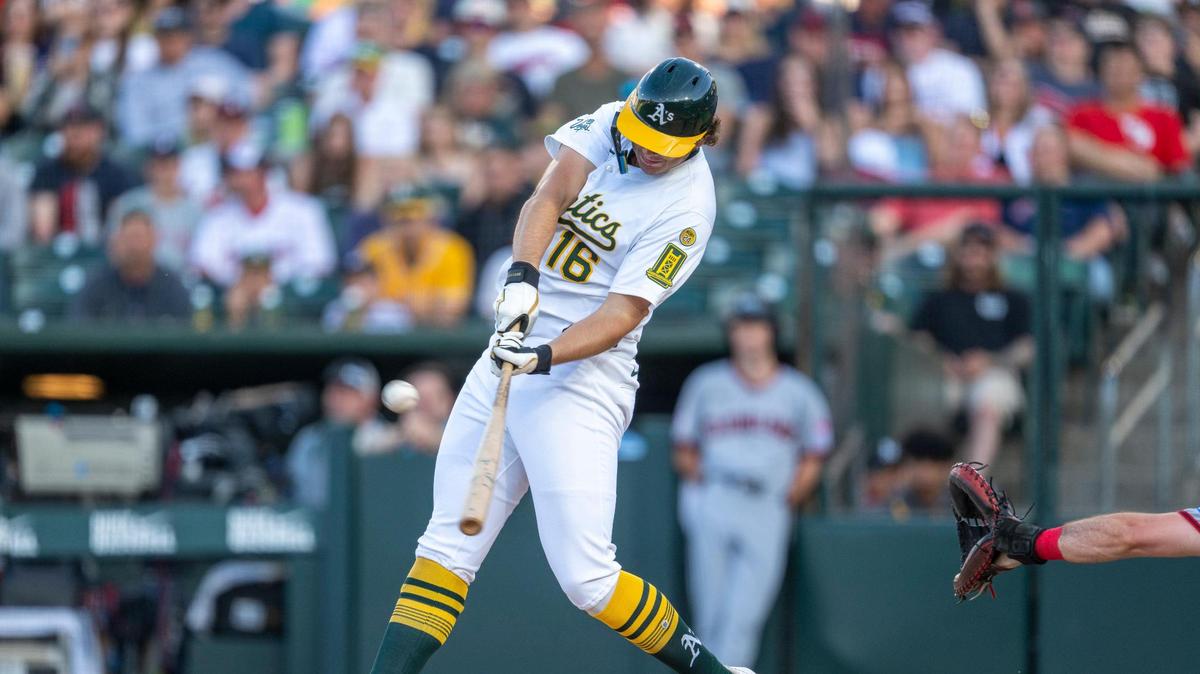 Athletics first base Nick Kurtz (16) hits a two-run home run during a baseball game against the Cleveland Guardians at Sutter Health Park on Friday.