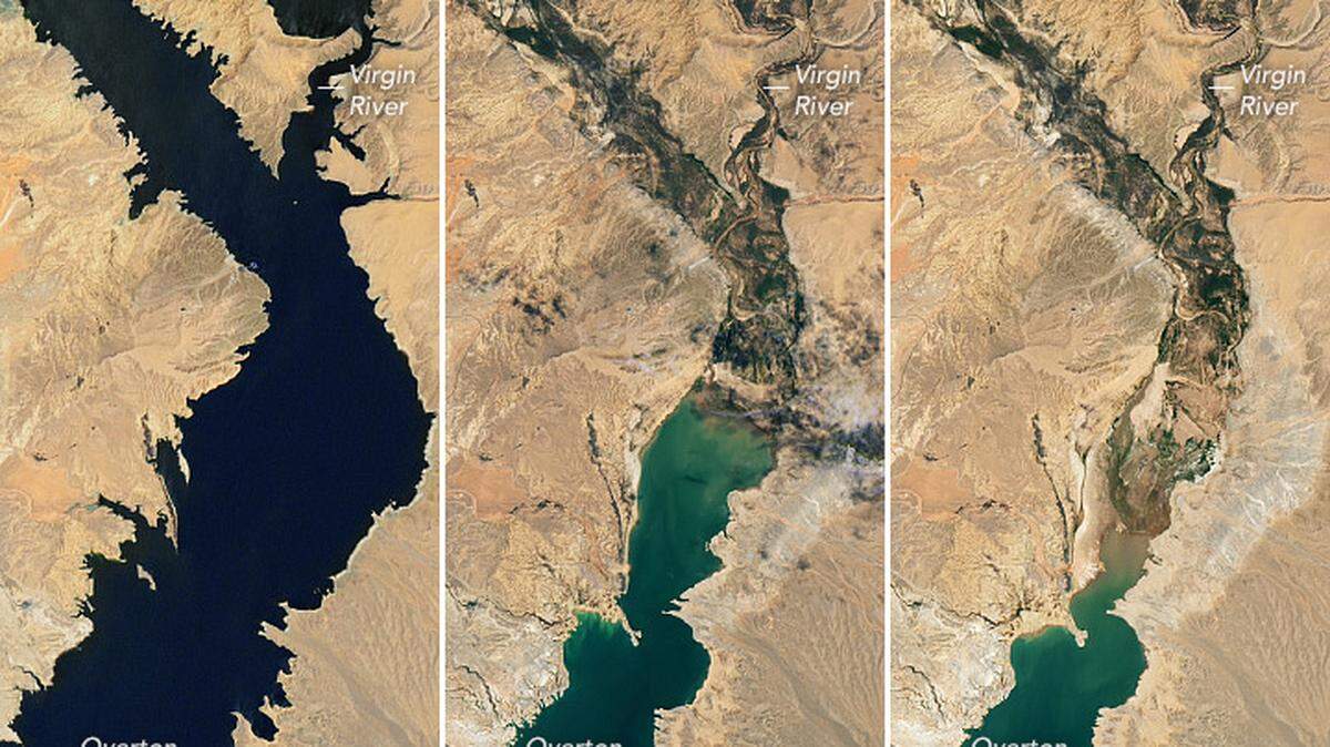 Images from July 6, 2000, to July 3, 2022, show water levels dropping at Lake Mead.