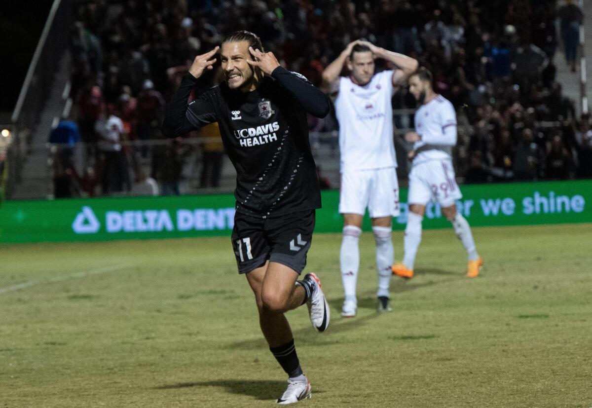 Sacramento Republic FC forward Russell Cicerone (11) celebrates the first goal against Phoenix Rising during the USL Western Conference finals on Saturday, Nov. 4, 2023, at Heart Health Park in Sacramento.