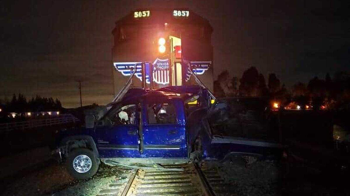 A Union Pacific train crashed into a Chevrolet pickup early Friday Jan. 29, 2021, on Twin Cities Road in Galt, California. The train and the wrecked pickup came to a stop just south of the Spring Street railroad crossing.