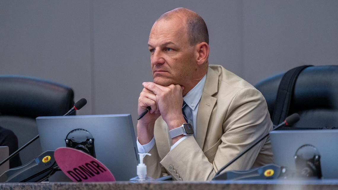 Sacramento Mayor Kevin McCarty listens during a homelessness meeting in the City Council chambers on Tuesday, April 29, 2025.