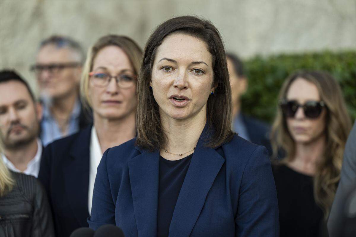 Adrienne Spohr, daughter of the shooting victims of former MLB pitcher Daniel Serafini, speaks about his sentencing in Placer Superior Court in Auburn on Friday. Spohr said in her victim statement that she feared that Serafini would come after her, so she would sleep with a gun for safety.