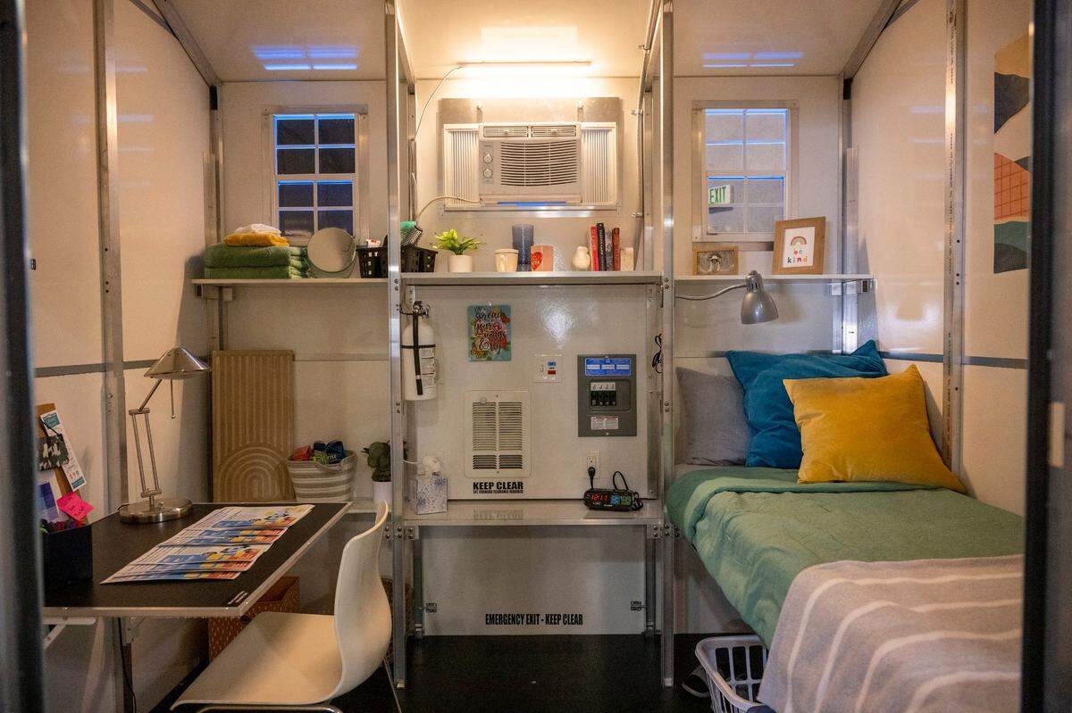 A model of a tiny home is staged for display during a press conference in Sacramento on Thursday where Gov. Gavin Newsom announced the state will have 1,200 tiny homes built and delivered throughout California in an effort to help house the homeless population.