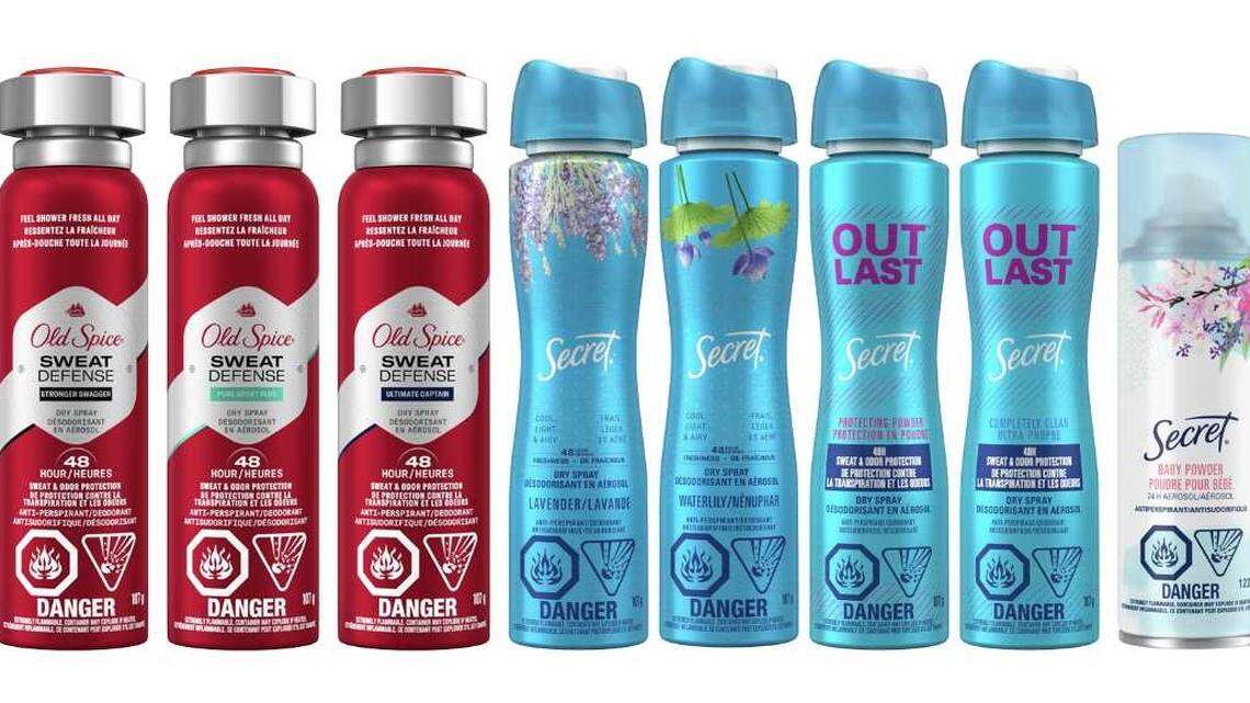 Cans of Old Spice and Secret-brand spray deodorants under recall are shown in an undated photo. The maker, Procter & Gamble, has voluntarily recalled the products due to detection of benzene, a cancer-causing chemical.