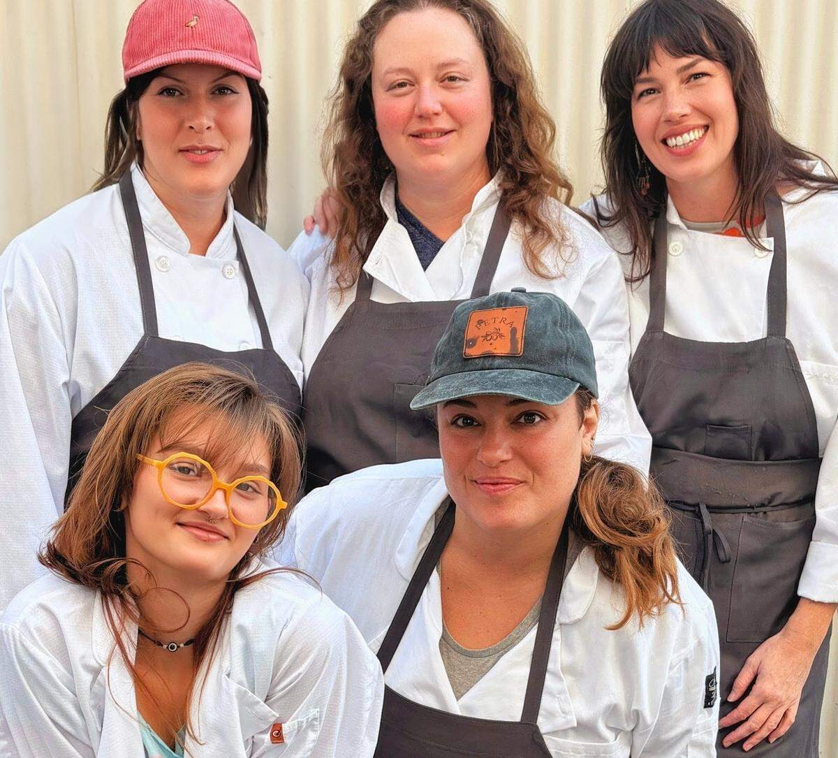 Chef Jade Benetatos, top center, now leads an all-woman kitchen crew at Nevada City’s Petra. Clockwise from top left, the other chefs are Sonja Cornell, Shivani Rajan-Hetschel, Jennifer Vanatta and Eowyn HRFernweh.