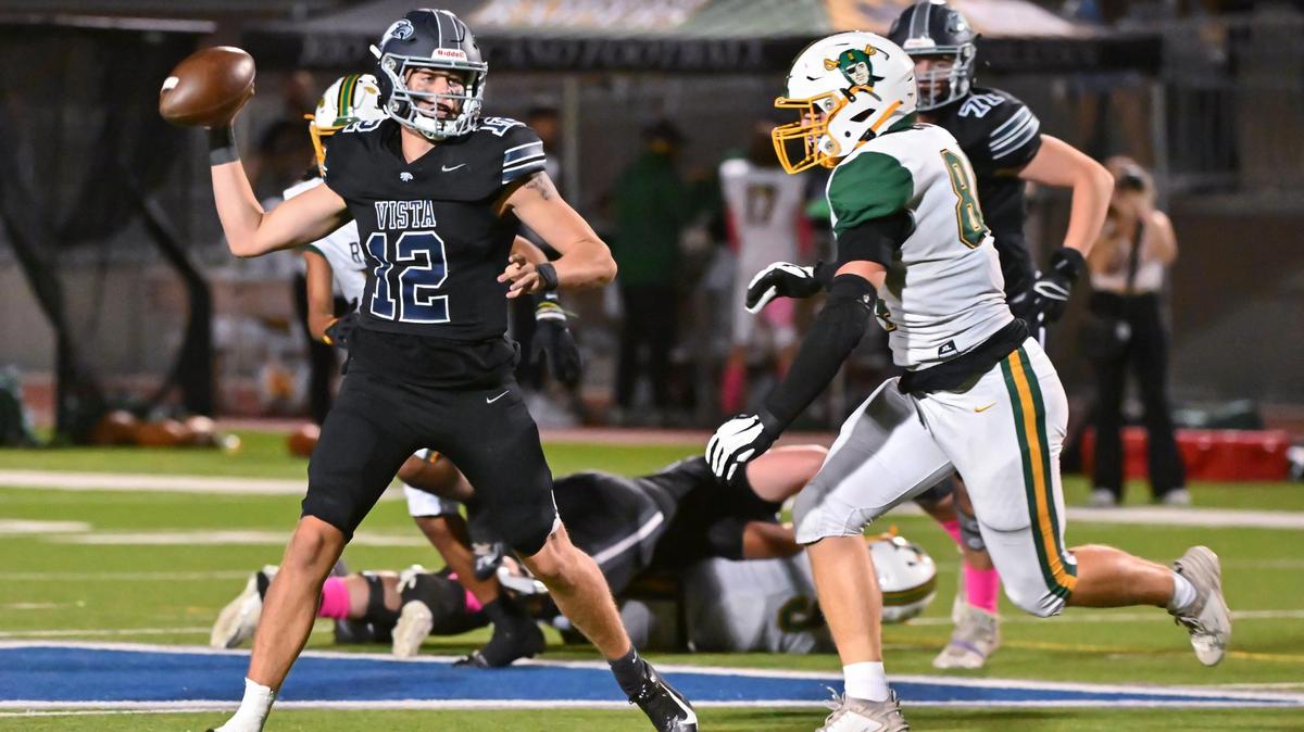 Vista del Lago Eagles quarterback John Koett (12) passes in October. The All-Metro QB will play for the South in the Optimist game.
