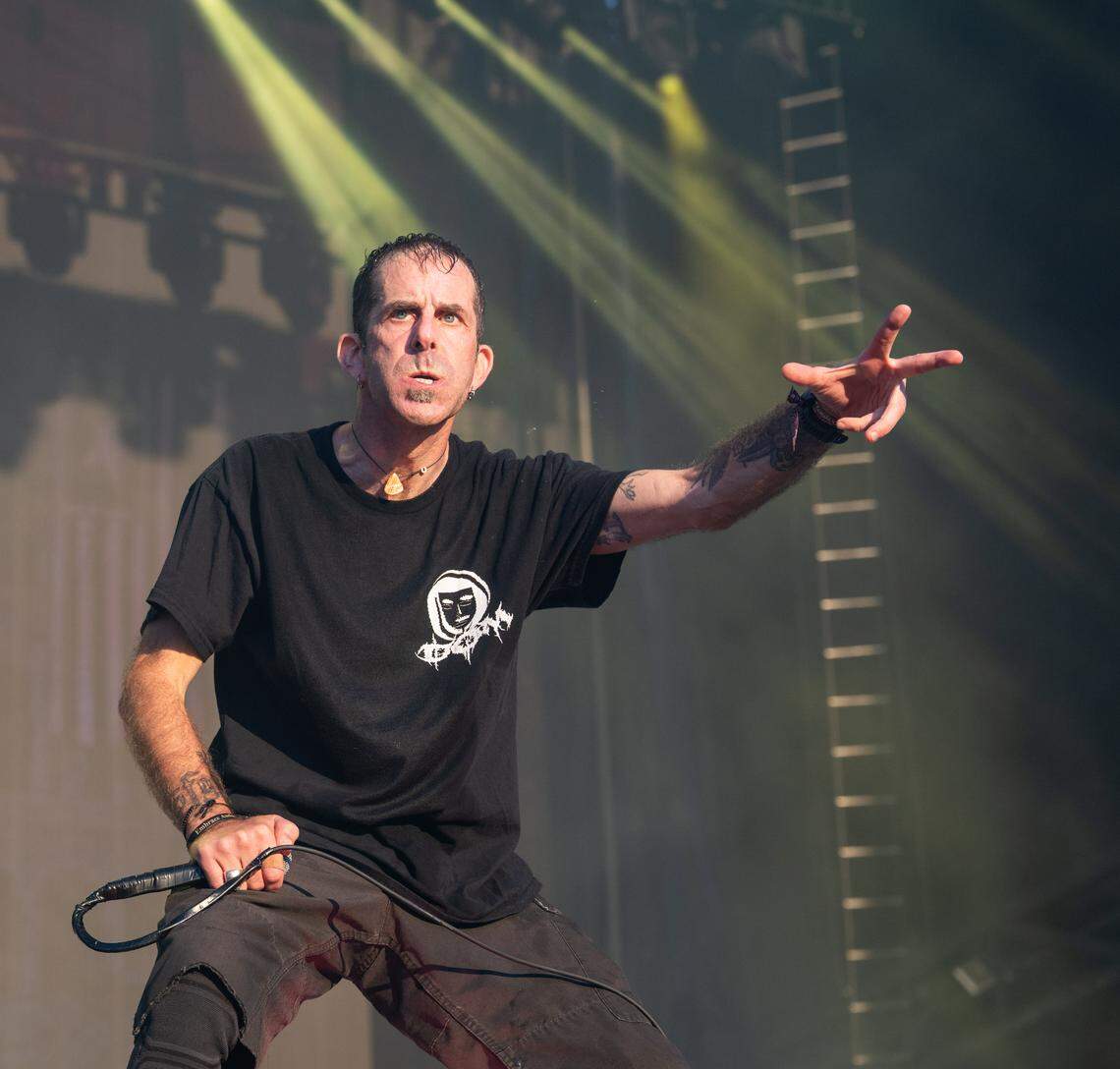 Lamb of God vocalist Randy Blythe performs for the heavy metal band during the Aftershock festival on Friday, Oct. 3, 2025, in Discovery Park in Sacramento.  