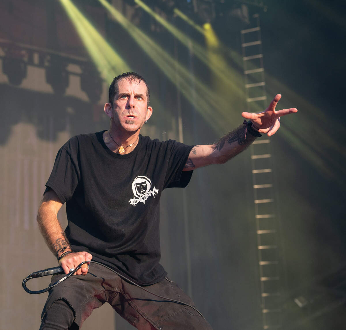 Lamb of God vocalist Randy Blythe performs for the heavy metal band during the Aftershock festival on Friday, Oct. 3, 2025, in Discovery Park in Sacramento.  