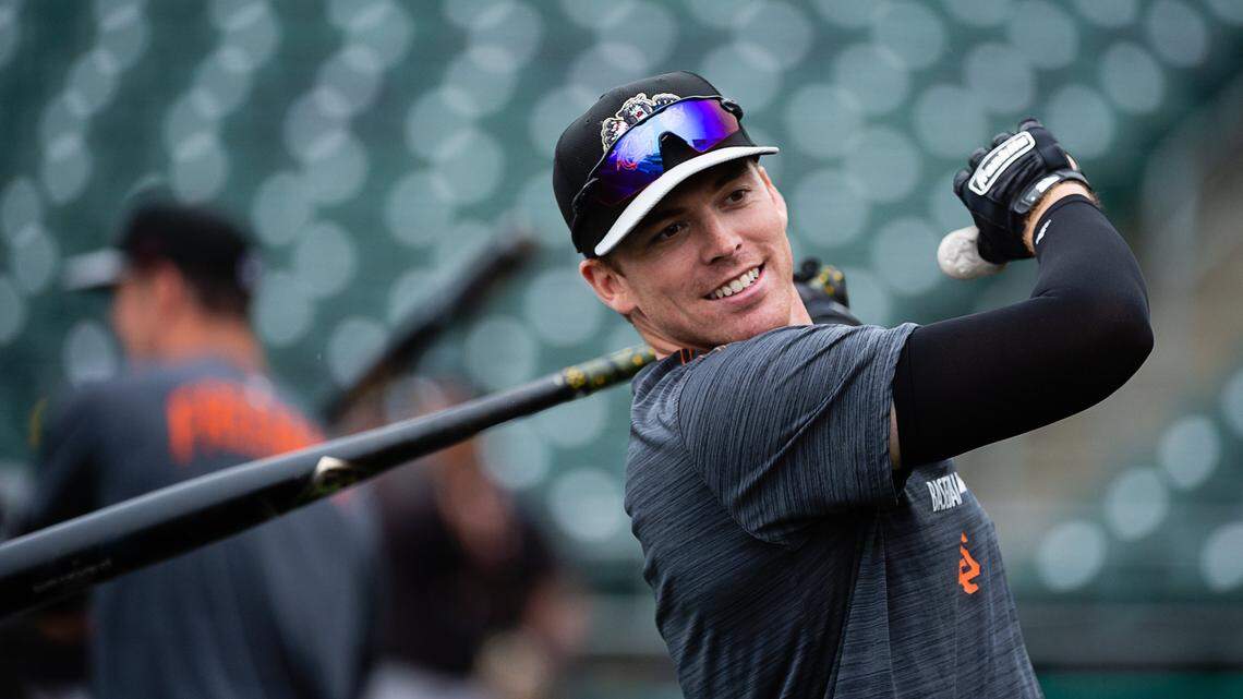 River Cats player Zach Green warms up at Raley Field on Monday, April 1, 2019 in West Sacramento.
