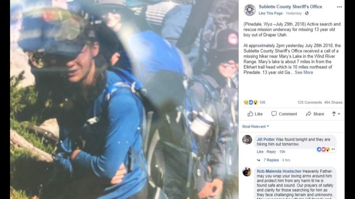 Searchers found Garrett Hunter, 13, in rough terrain Sunday night in Wyoming, a day after the Draper, Utah, teen had gone missing after becoming separated from his Boy Scout troop on a hike.