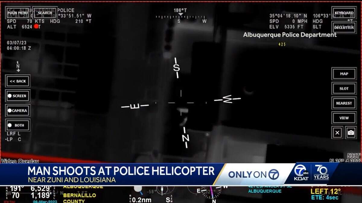 A 30-year-old was arrested on March 6 after being accused of firing a handgun at a New Mexico police helicopter, officials said.