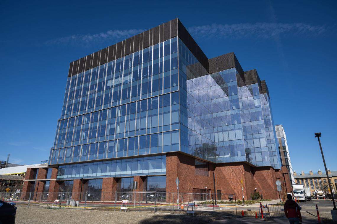 300 Aggie Square, one of the first two buildings in the Aggie Square development, nears completion on Thursday in Sacramento. UC Davis President Gary May said that the first phase of the center will open in May.