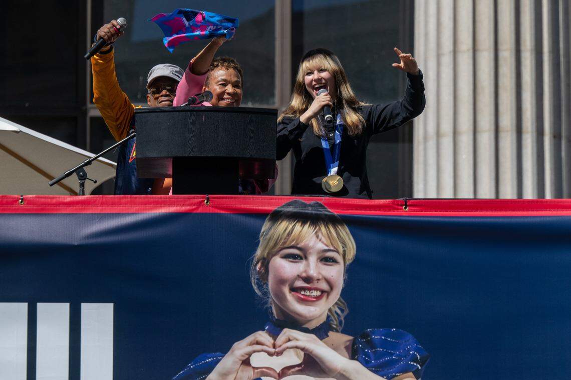 Oakland Mayor Barbara Lee introduces Olympic gold medalist Alysa Liu during a rally at the Frank Ogawa Plaza in Oakland on Thursday. Thousands came out to honor Liu for her gold medal in Women’s Ice Skating at the 2026 Milan Cortina Olympics.