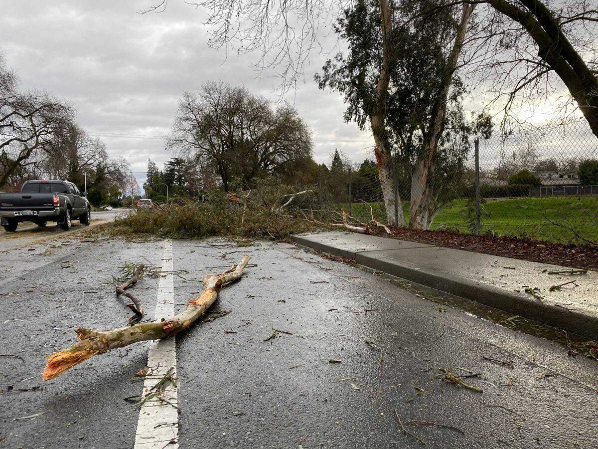 Storm damage is seen Wednesday, Jan. 27, 2021, along American River Drive in Carmichael, Calif., after a fierce winter storm barreled across the Sacramento region.