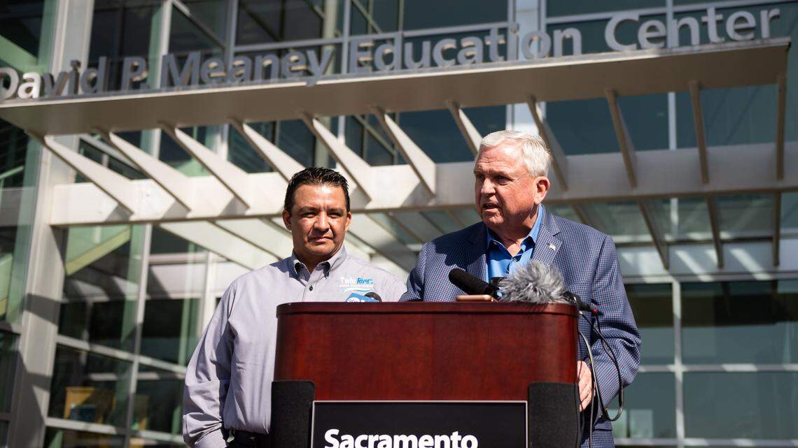 Sacramento County Office of Education Superintendent David Gordon, right, announces the closure of county schools for up to three weeks in an effort to prevent spread of the coronavirus on Friday, March 13, 2020. Twin Rivers Unified School District Superintendent Steve Martinez, left, also spoke at the press conference outside the Office of Education in Rancho Cordova.
