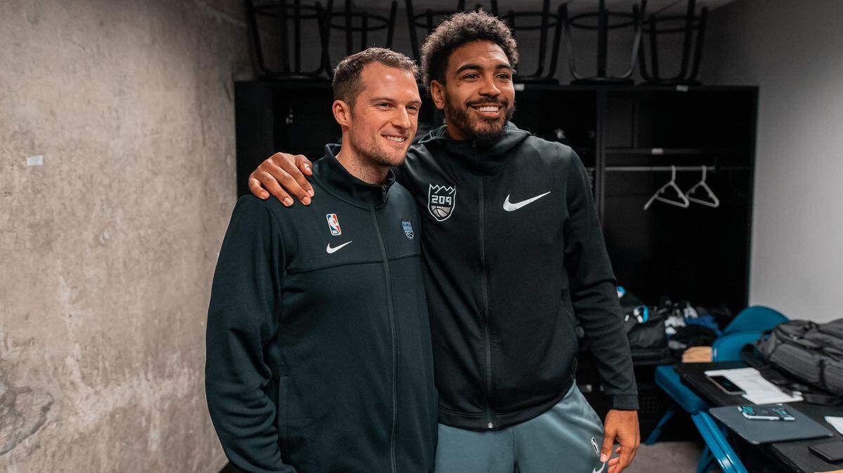 Stockton Kings general manager Anthony McClish poses for a picture with Gabe Vincent, who is one of many players the G-League team has sent to the NBA.